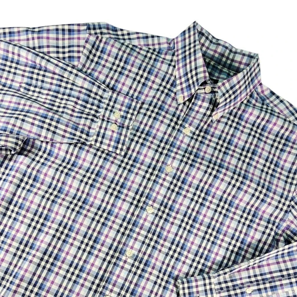 Jos. A. Bank Traveler's Collection Shirt Mens Large Purple Blue Plaid L/S Cotton
